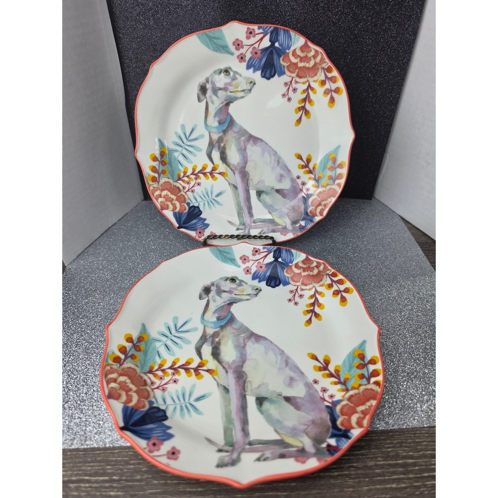 One Hundred 80 Degrees Greyhound Dog Porcelain Plates Set of 2 Floral Scalloped
